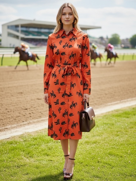 blue b Dresses & Skirts - NEW blue b Orange & Brown Equestrian Western Print Button Down Midi Shirt Dress